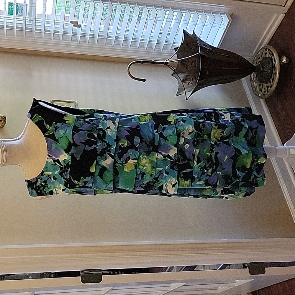 Connected Apparel floral sleeveless dress aqua lime purple black stretch…12 EUC